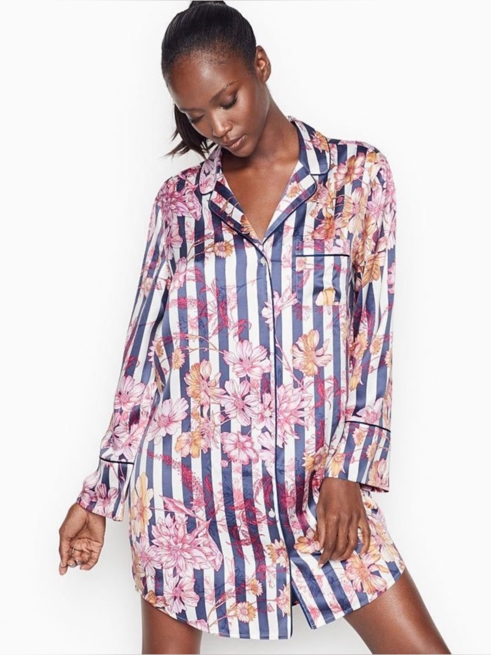 Victoria’s Secret Satin Slip Nightshirt in Blue Stripe Floral Sz XL Sz X-Large
